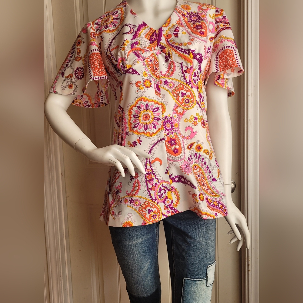 Vintage 70s Handmade Paisley Women's Blouse Top Modern Size S
